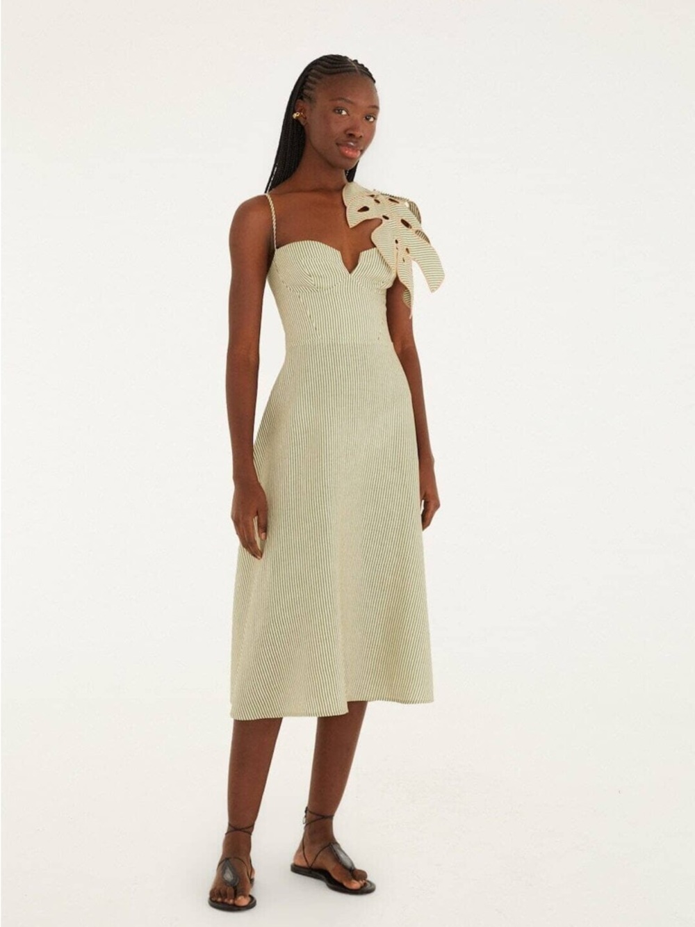 Farm Rio Green Striped 3d Monstera Leaf Euroflax™ Premium Linen Midi Dress NWT